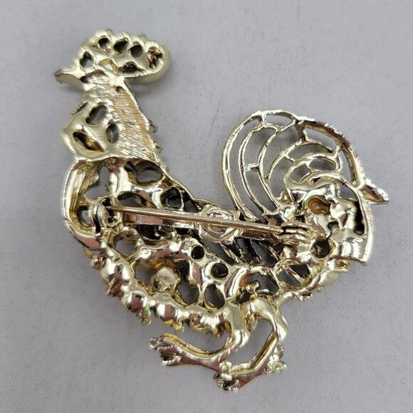 Vintage Rooster Faux Pearl Rhinestone Brooch Gold Tone Pin Costume Jewelry - Picture 2 of 4